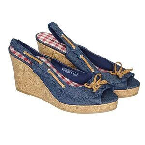 NEW Dexture Denim Slingback Wedge Sandal 9 Bow Cork Look Peep Toe Blue Brown